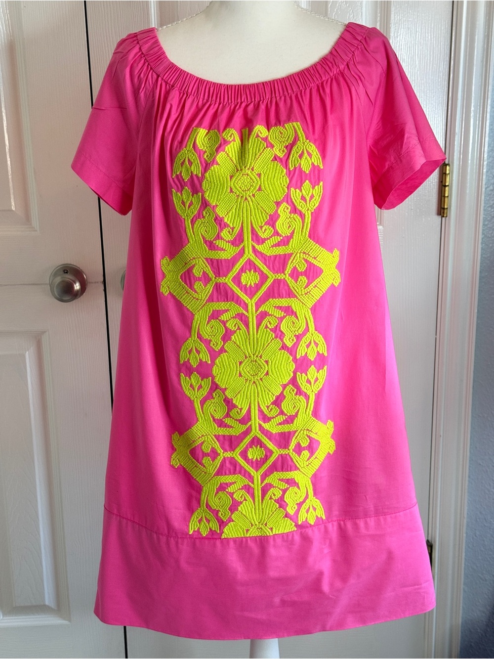 Uncle Frank Ivy Jane Nice To Be Crewel Embroidered Dress Pink Lime M EUC